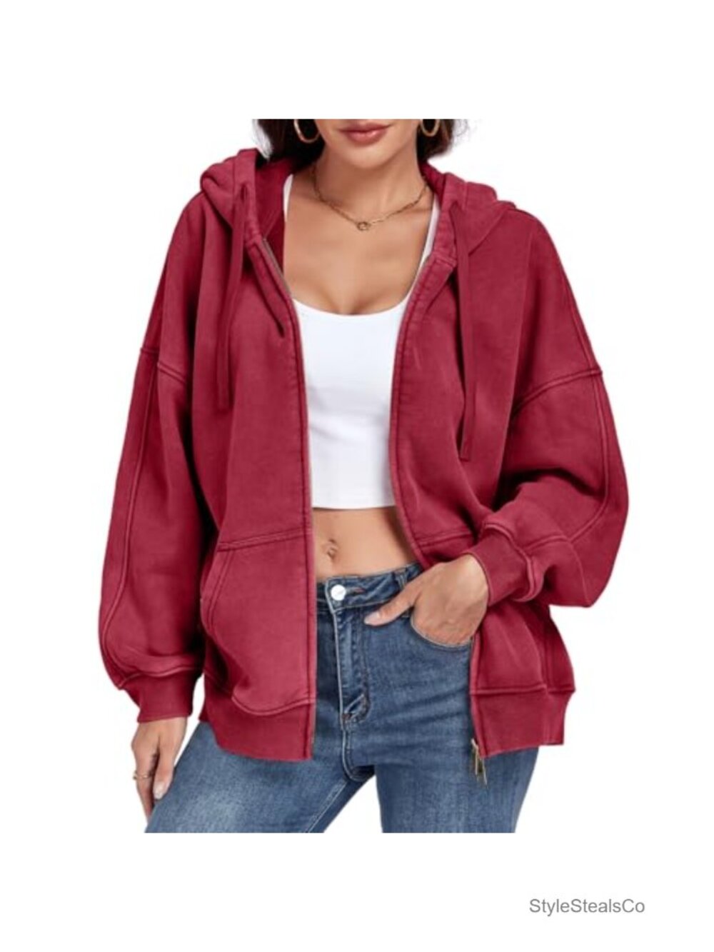 Oversized Double Zip Hoodie Fleece Acid Wash Distressed Vintage Cotton Long